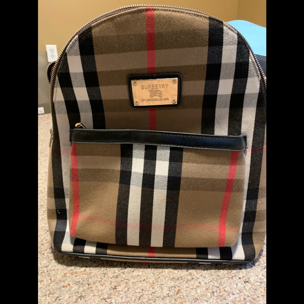 Faux Burberry labeled backpack purse